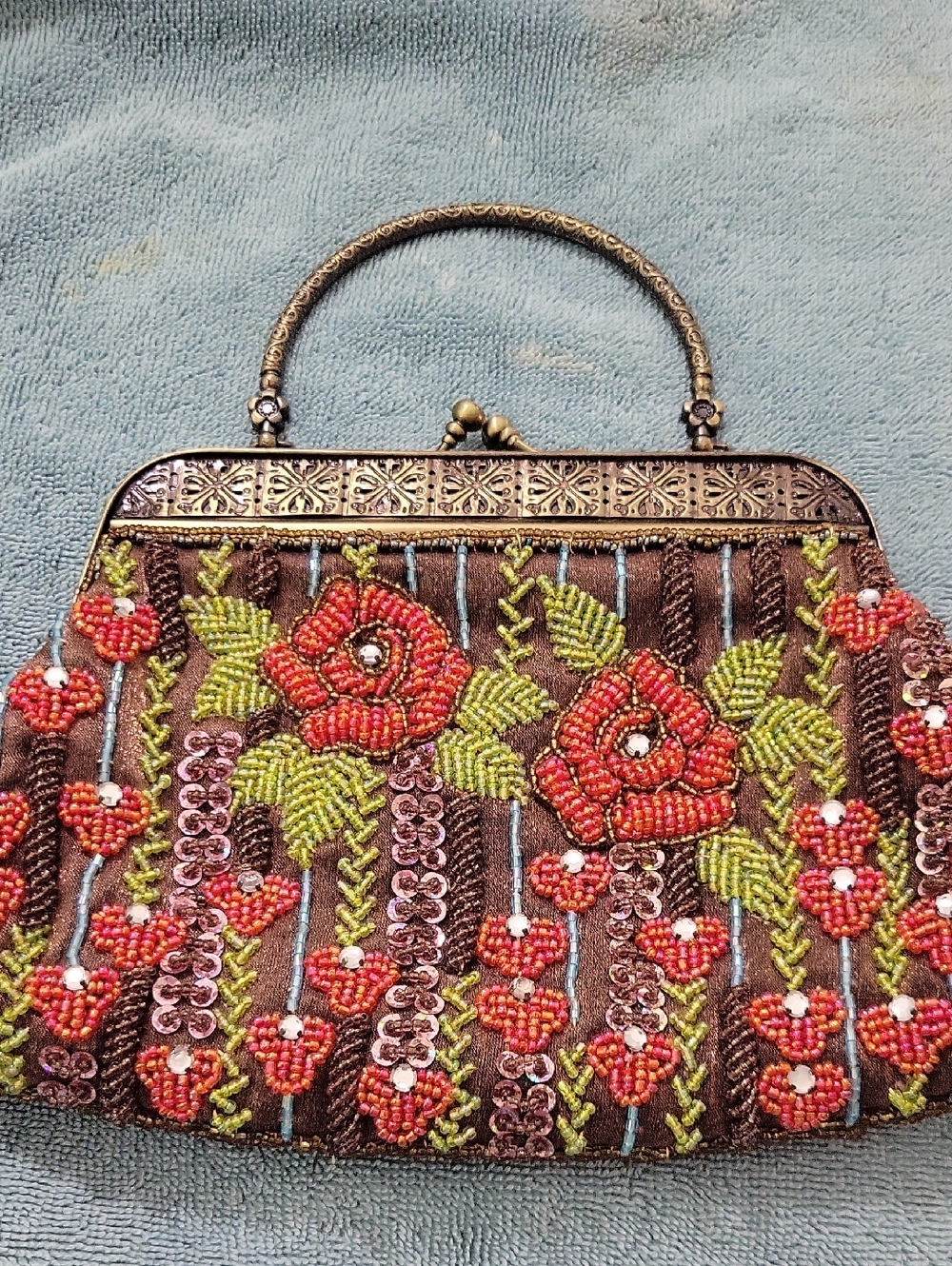 Beaded Floral Evening Clutch - Brown with Red & Green Accents